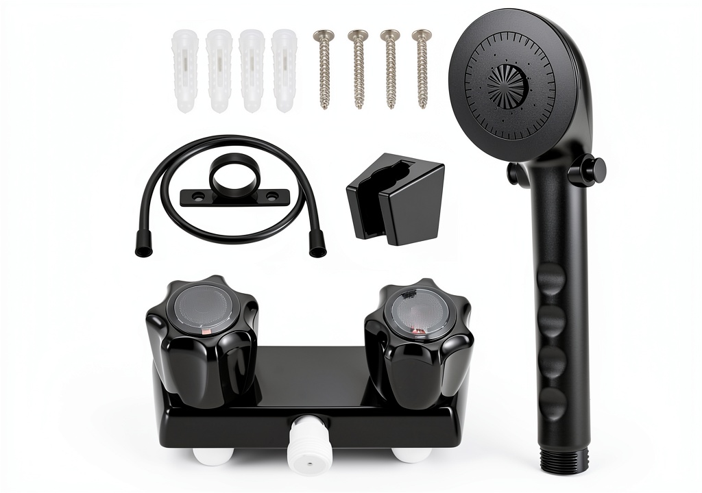Handheld shower head mounted on RV bathroom wall